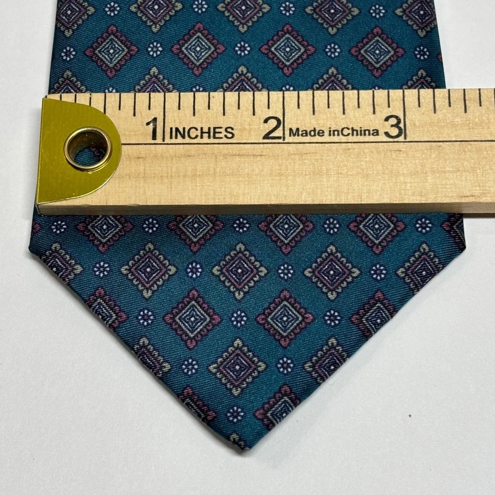 Vtg Treborr's Silk Necktie Mens OS Teal Geometric‎ Medallion Italian Silk Formal